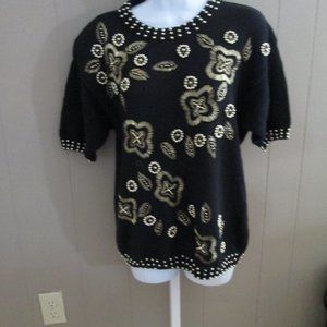 VERTIGO Paris Bulky Black Knit with Gold Beads Short Sleeve Sweater siz Med NWOT